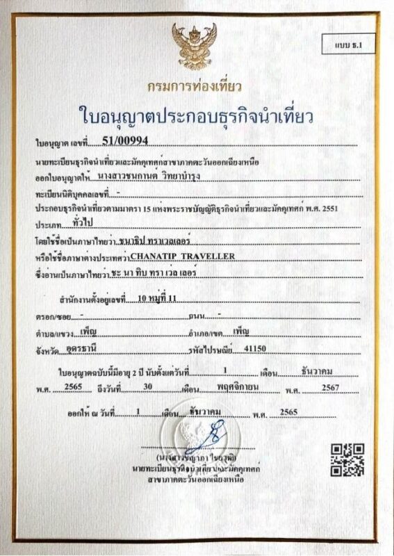 ใบอนุญาตประกอบธุรกิจนำเที่ยวชนาธิป 